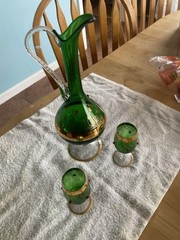 Vintage Rare emerald green And Gold glass decanter Set