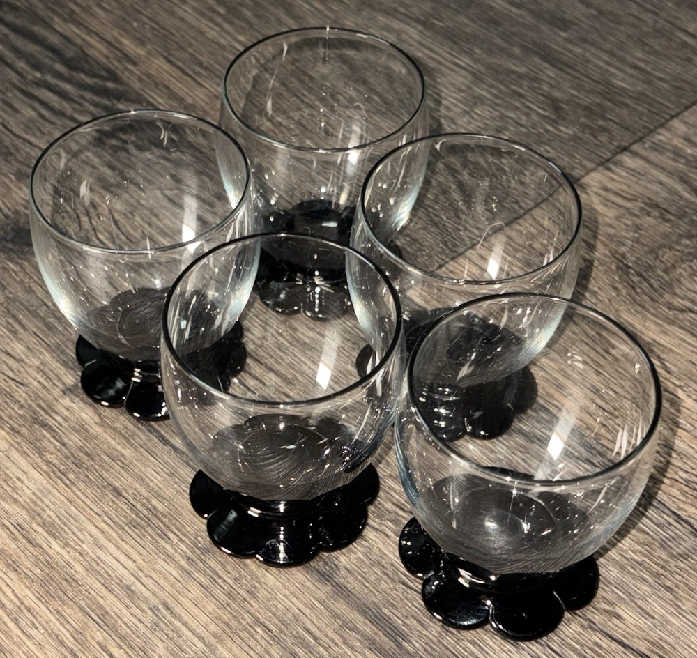 Set of 5 Vintage Weston 1920s-1930s Art Deco Black Lily Pad Cocktail Glasses