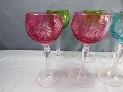 8 Bohemian Cut-to-Clear Crystal Wine Hocks Goblets Green Blue Cranberry Amber