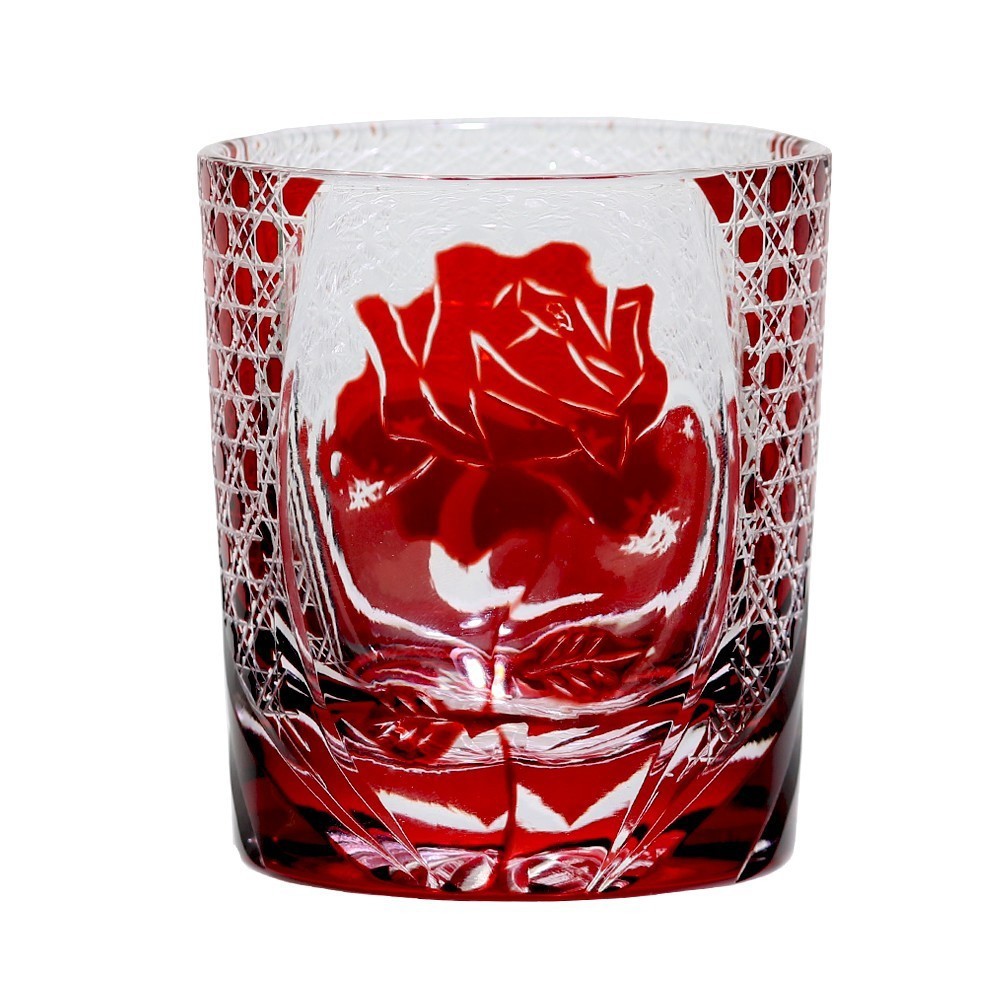 Artisan Red Overlay Whiskey Glass 240ml Floral Motif Collectible Glass Tumbler