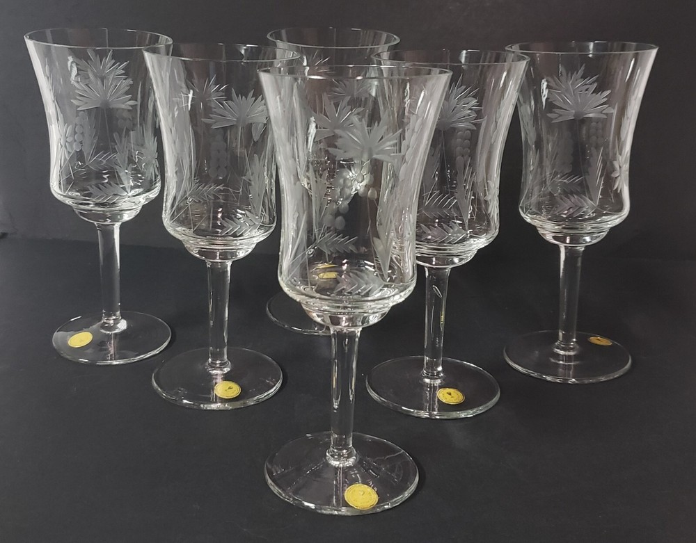6 Romania Leonard Silver «Summerfield» Etched Water Goblets Barware w/Stickers