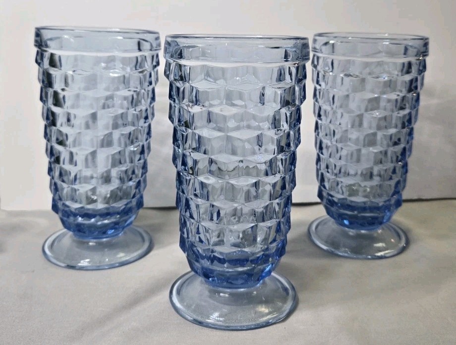 3 Vtg Ice Blue Glasses Colony Whitehall Cubist Footed Tumblers 6″ x 3″