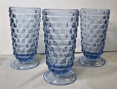 3 Vtg Ice Blue Glasses Colony Whitehall Cubist Footed Tumblers 6″ x 3″