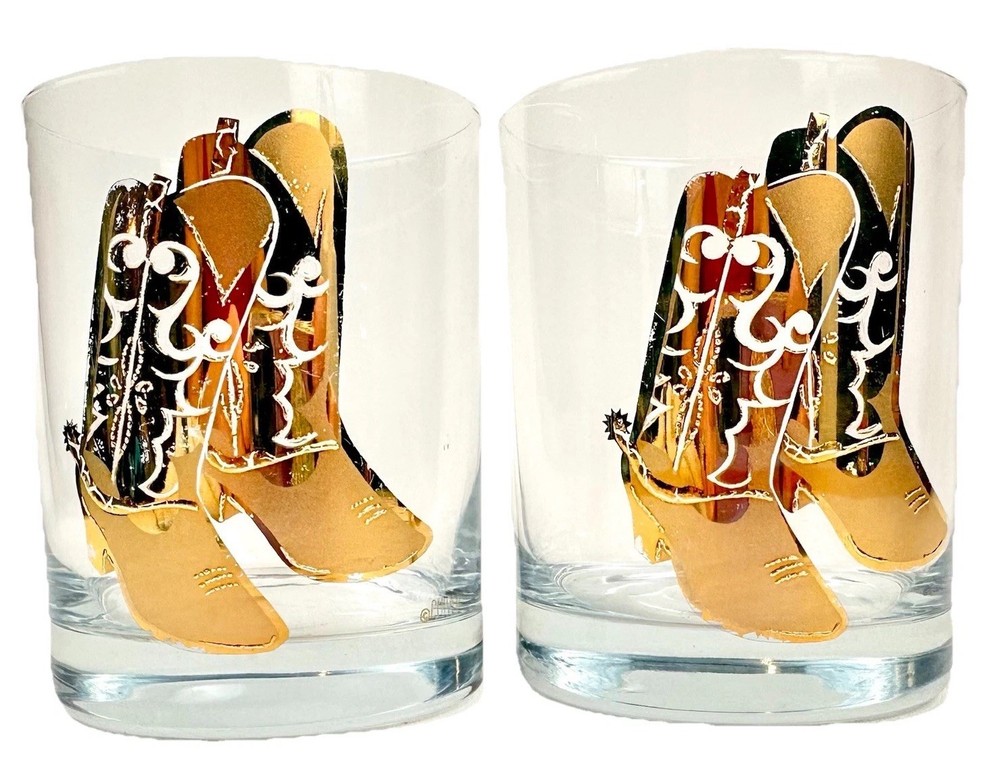 Culver Lowball Old Fashioned Glasses 22k Gold Cowboy Western Boots Set Of 2 Hot!