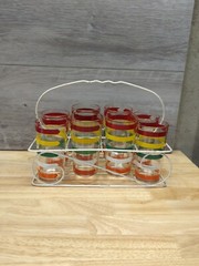Vintage MCM Arrow Striped Drinking Glasses Set Of 8 With Caddy**See Description