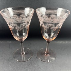 Tiffin Franciscan Pink Goblets Water Wine Etched 6.5” Depression Vintage Set / 2