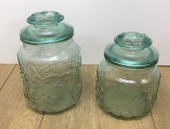 Vintage Libbey Orchard Fruit Canisters Light Aqua Green 8’’ & 6 1/2’’………….[S3-3]