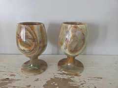 Vintage Handcrafted Onyx Marble Goblets Set Carved Stone Wine Glasses Set of 2