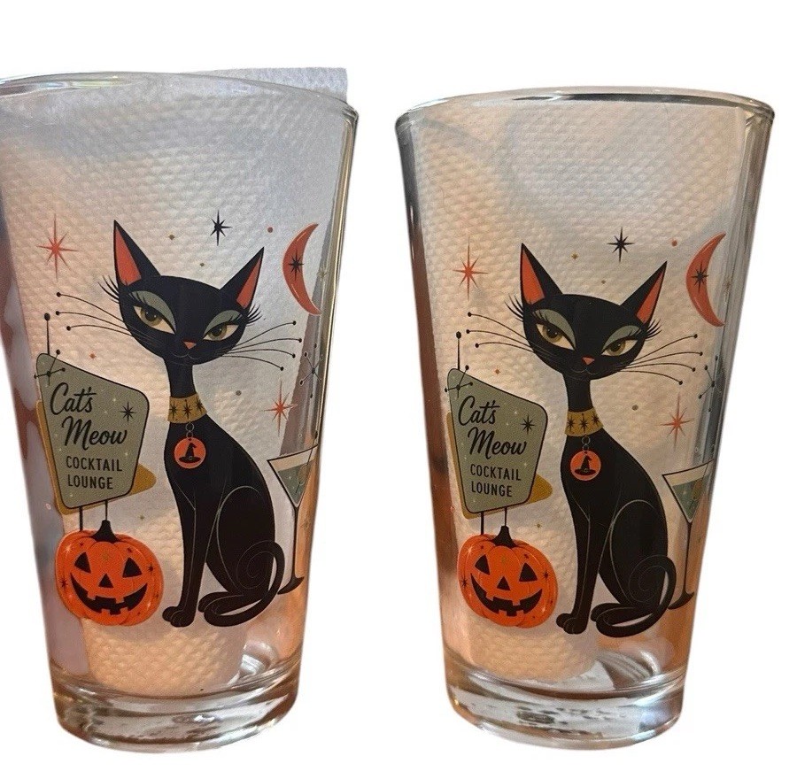 2- 16 oz Retro Halloween Black Cat Cocktail Glass, Heavy Pilsner Beer Glass
