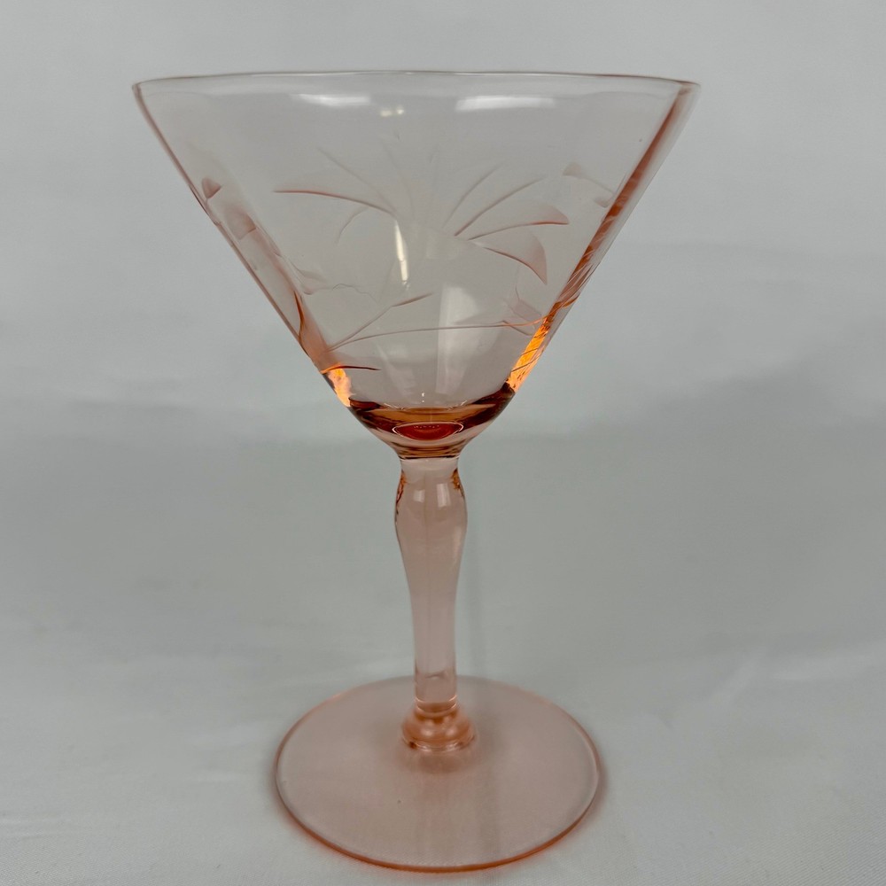 Vintage Pink Depression Glass Etched Floral Cocktail Martini Glass 5.5 Inch