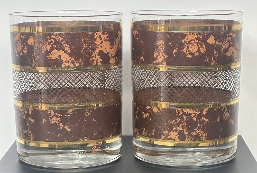 2 Georges Briard Brown Faux Marble Gold Bands Signed 14oz. Double Old Fashion