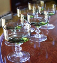 SASAKI REGENCY Vtg MCM Set 6 Champagne/Sherbet Glasses OLIVE GREEN w Clear Stem