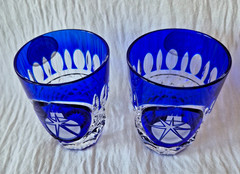 AJKA CHRISTMAS COBALT BLUE LEAD CRYSTAL VODKA SHOT GLASS, SET OF 2, MARKED