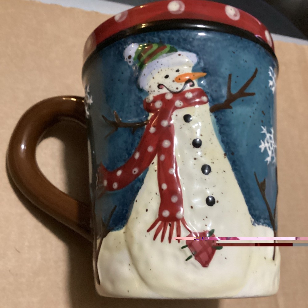 Country Snowman Winter Heart Farmhouse Mug Red White Blue Snowflake