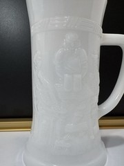 Federal Glass Moonglow White Iridescent Milk Glass Tavern Scene Beer Stein 2 PC
