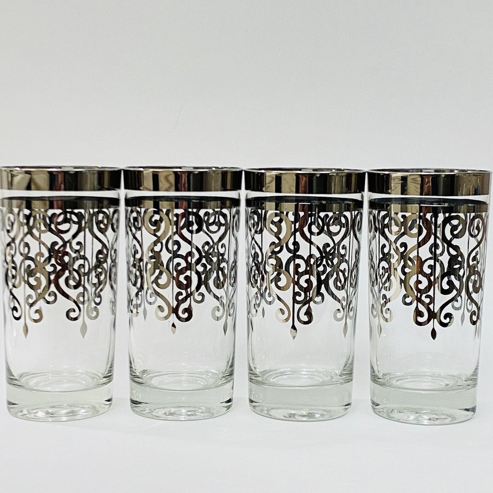 Set Of 4 MCM Silver Scroll Overlay Tumblers Highball Glasses 5.75″