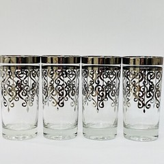 Set Of 4 MCM Silver Scroll Overlay Tumblers Highball Glasses 5.75″