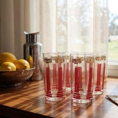 Vintage MCM High Ball Glasses Roman Greek Columns Red & Gold Set of 6