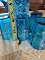 Antique Victorian Era Blue Glass Painted Floral Juice/Lemonade Set 4 Glasses