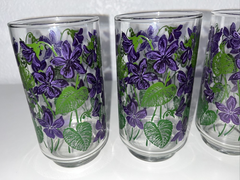 Set Of 8 Libbey Glasses Vintage Tumblers Purple Violet Flowers Green Leaves – 5″