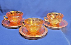 Set of 3 Federal Marigold Iridescent Depression Glass Normandie Cups And Saucer