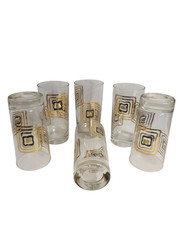 MCM Midcentury Black Gold Atomic Squares Highball Glasses Barware 16 oz Set of 6