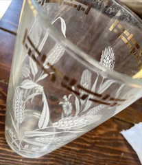 Large 6.5” Vintage Clear Glass Cup Vase – White Wheat W/ Greek Gold Around Top
