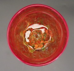 Hand Blown Art Glass Goblet Red with Green Leaves on base 2003 signed 8″ High