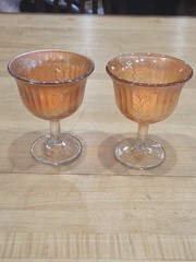 Antique Fenton Marigold Carnival Glass Holly Berry Stemmed Sherbet Cups Pair