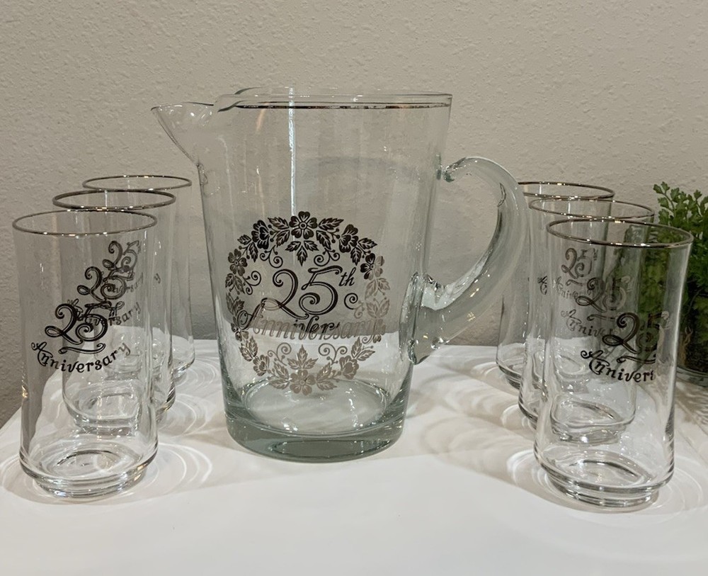 Vtg Silver 25th Anniversary Clear Glass Pitcher 6 Glasses Silver Accent Set Gift