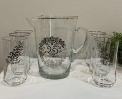 Vtg Silver 25th Anniversary Clear Glass Pitcher 6 Glasses Silver Accent Set Gift