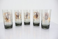 Anchor Hocking Zodiac Smoked Gray Gold Highball Glasses Set of 5 Vintage MCM