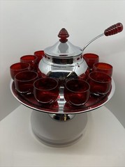 Vintage Lehman Bros Chrome Saturn Punch Bowl Red Bakelite Handles With Glasses