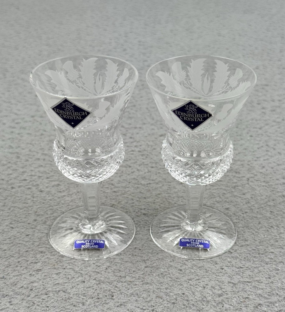 Edinburgh Thistle Cut Crystal Wine Goblet Glasses Pair 4.3″ Tall