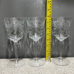 3 Vtg Etched Crystal Water Goblet Wine Glasses 7.8” Floral Leaves Elegant EUC!