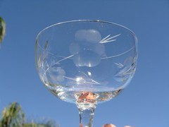 Early Mid Century Cut Crystal Gray Etched, 4 Low Stem Sherbet Champagne Glasses