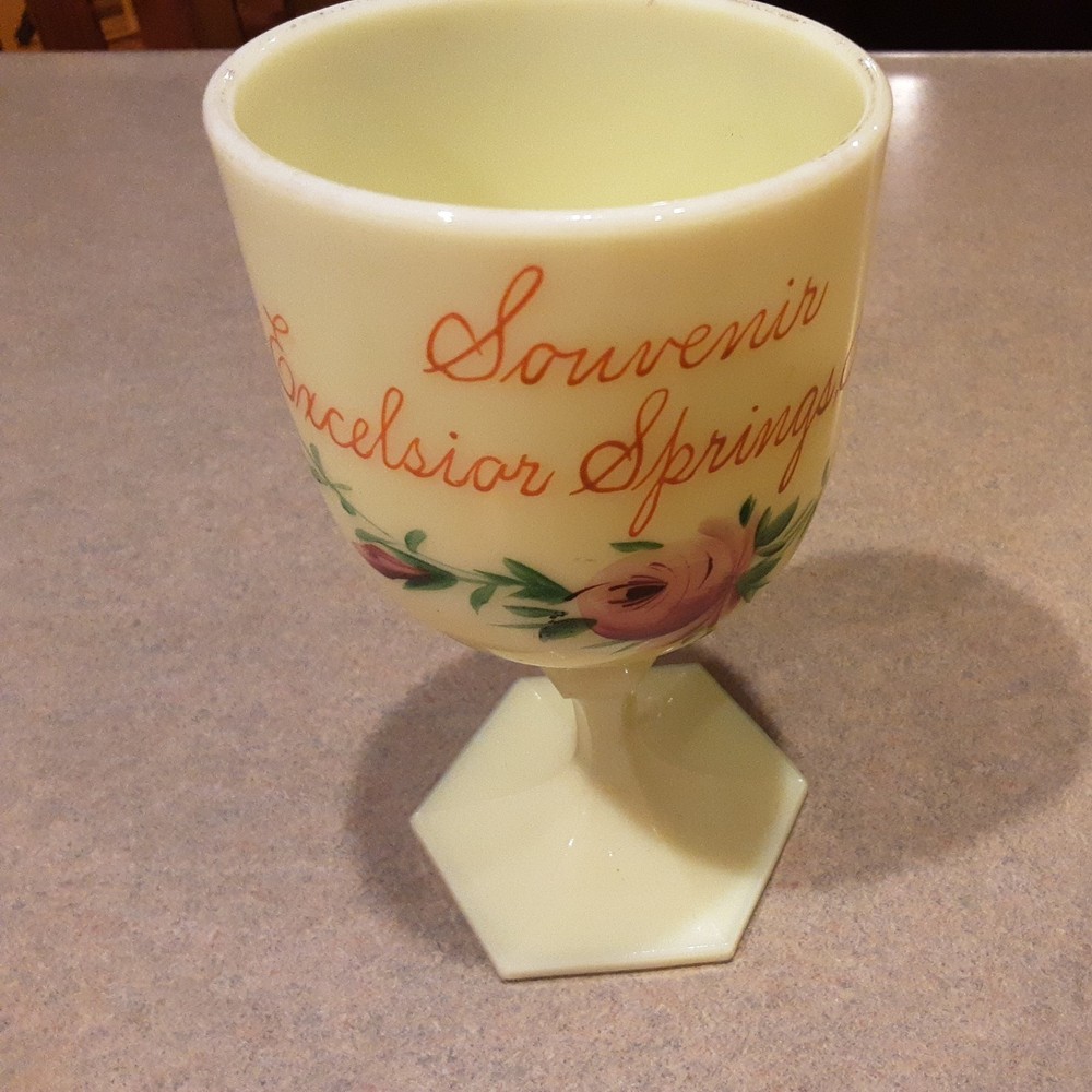 HEISEY Uranium UG Custard Glass Stemmed Goblet Souvenir Excelsior Springs, MO
