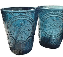 VTG Blue Teal Flash Embossed Drinking Glass Tumblers 4 1/4” Lot Of 4 READ