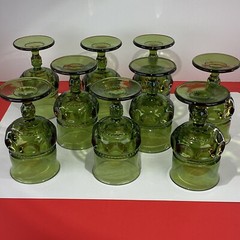 Set of nine Indiana glass green kings crown goblets glasses water iced tea READ