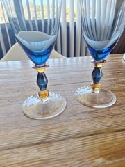 2 Mikasa Estate Slate Blue/ Amber Wine/Water Glasses Handblown Art Deco 7″H EUC