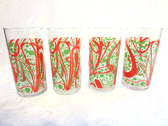 4 LineToo vintage drinking glasses 8 oz. red green swirls dots paisley