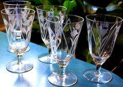 Vtg Set 5 Hand Cut Floral & Arch OPTIC DEPRESSION GLASS Iced Tea Goblets 6.25″