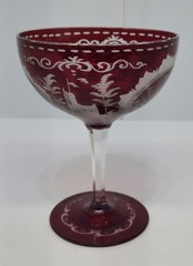 Bohemian Czech Deer Etched 5.25″ Ruby Red Wine Coupe Glass Cut To Clear Vintage