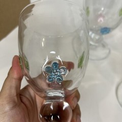 Set Of 4 Glass Goblets With Pink, Green, And Blue Applied Flowers Fused Glass