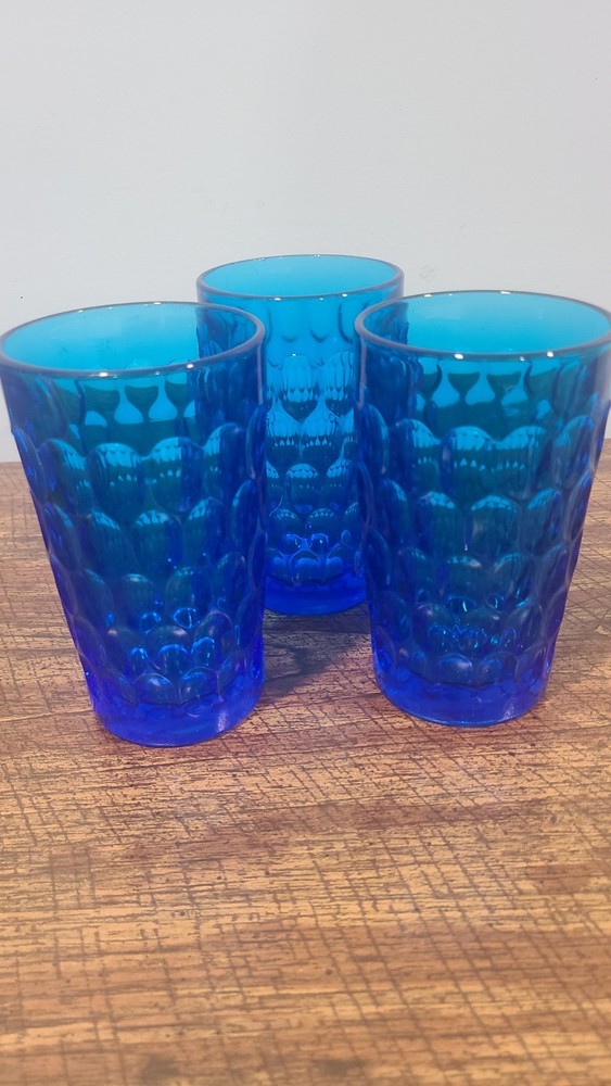 VINTAGE FENTON Thumbprint Set-3 Colonial Blue Glass Water Tumbler Honeycomb