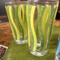 Set of 5 Vintage Libby Striped Glass Wavy Blue Green Yellow 5.5” High Glasses