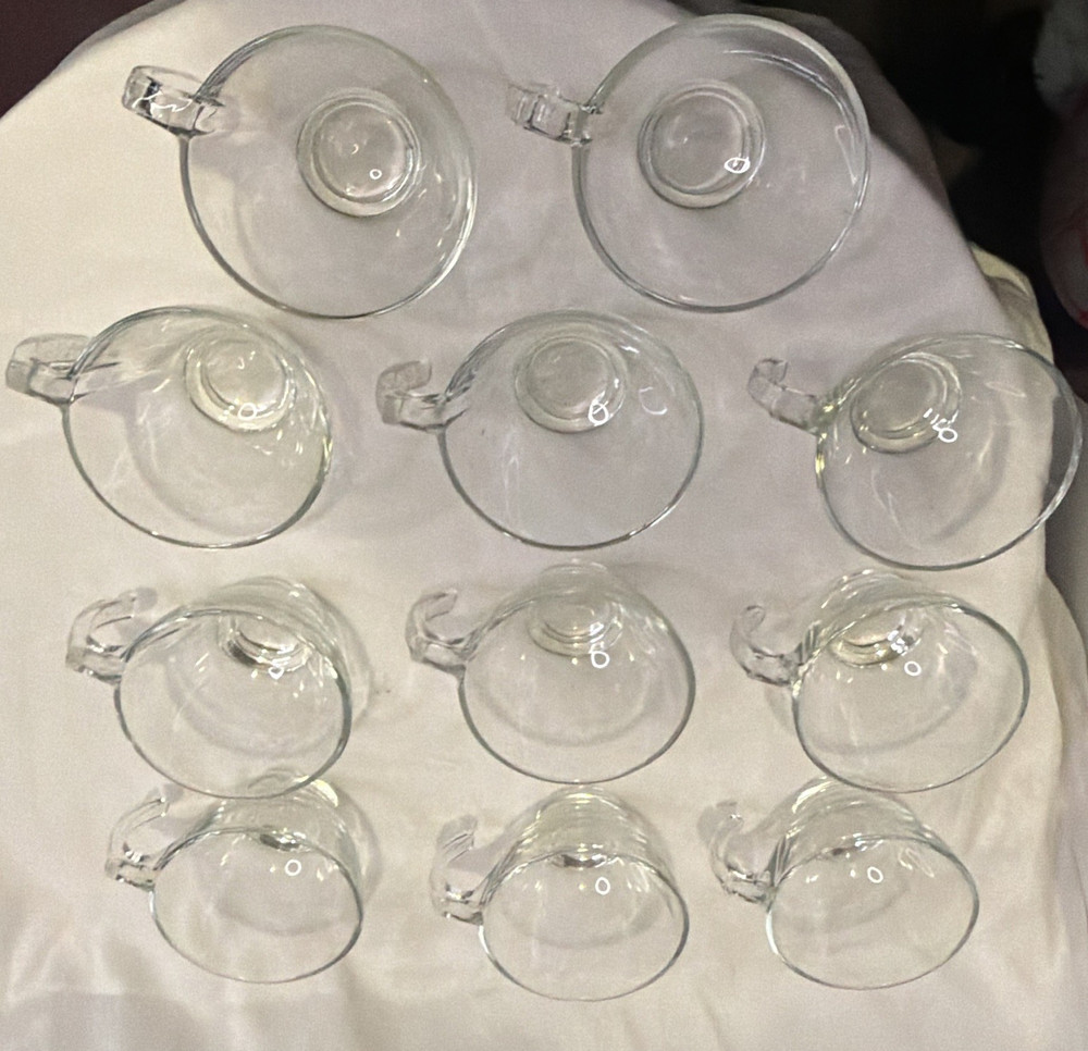 Unmarked Set of 10 Clear Glass Cups w/ Handles, 1 Cup, Round