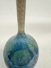 Set 2 Hand Blown Studio Art Wine Glasses Blue Iridescent w/ Twisted Cane Stems