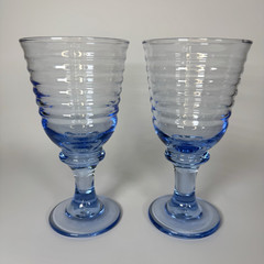 VTG Libbey Sirrus Light Blue Ribbed Water Wine Goblets Glasses Set of 2 Pair MCM