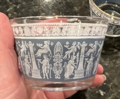 Vtg Set 8 JEANNETTE GLASS Corinthian Blue Greek Roman Whisky Tumbler Wedgewood